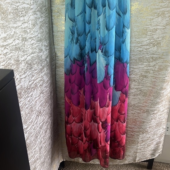 Janette John 3:16 Womenโs Peacock Feather Print Chiffon Maxi Dress Size S - Picture 4 of 13